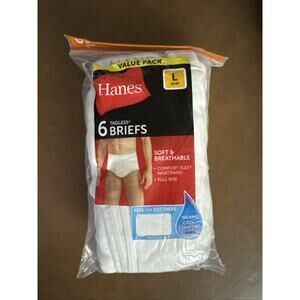 Hanes Briefs 6-Pack Mens Tagless Underwear White Comfort Full Rise, LARGE 36-38”